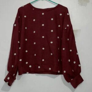 Size S Women’s ANDTHEWHY Maroon Dark Red and White Polka Dot Shirt Sweater